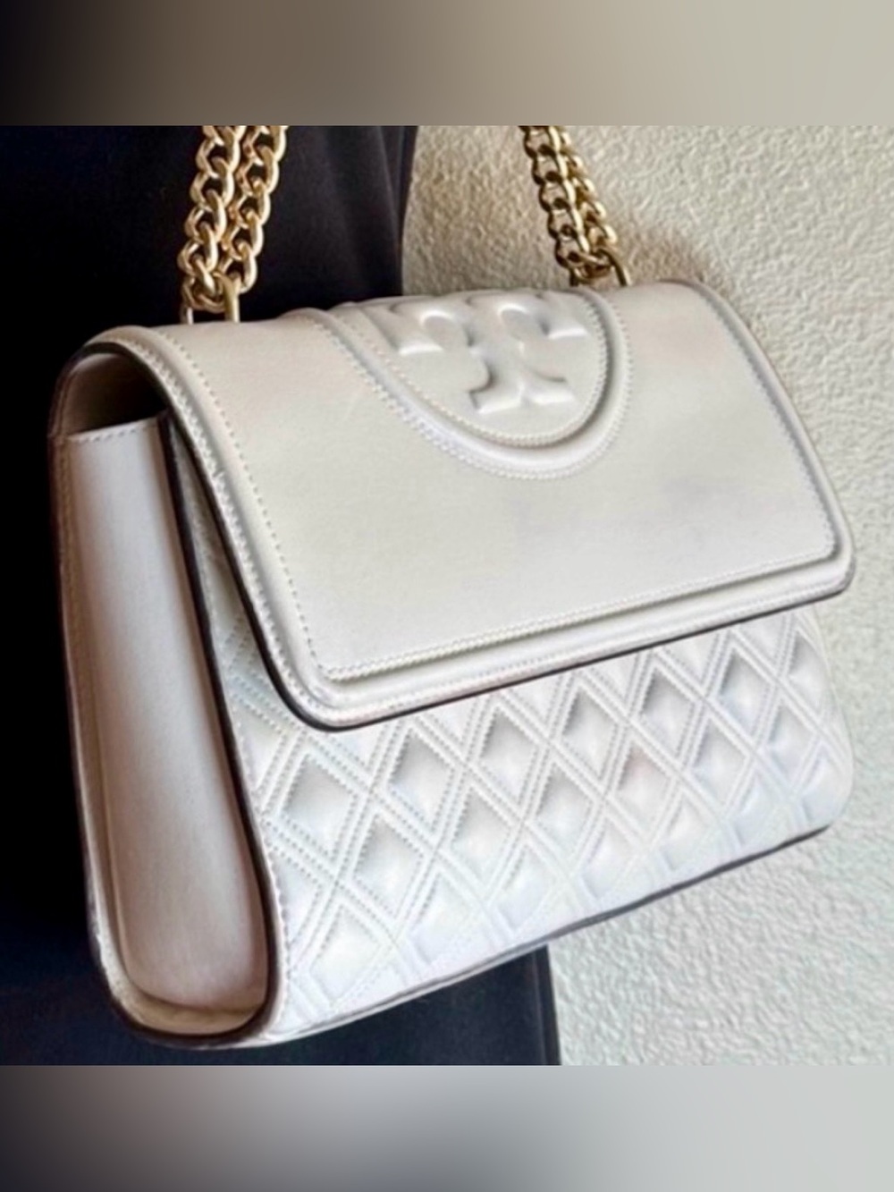 Tory Burch Fleming Quilted Leather Chain Shoulder Bag White w/ COA Like New EUC